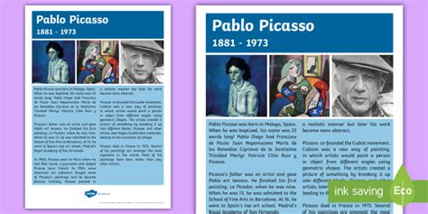 Artist Fact Sheet Pablo Picasso Teacher Made