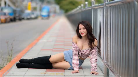 K K Asian Brunette Girl Sitting Pose Hands Skirt Legs Boots