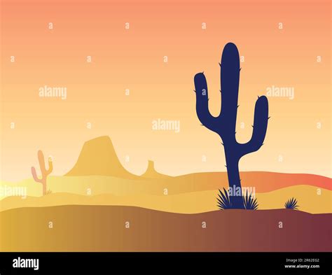 Scene With Desert Cactus Plant And Weeds Sunset In Desert Vector Illustration Stock Vector