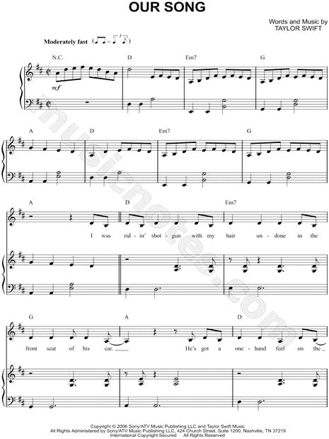 Taylor Swift Our Song Sheet Music In D Major Transposable