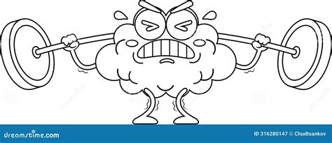 Outlined Funny Brain Cartoon Character Lifting Weights Stock Vector