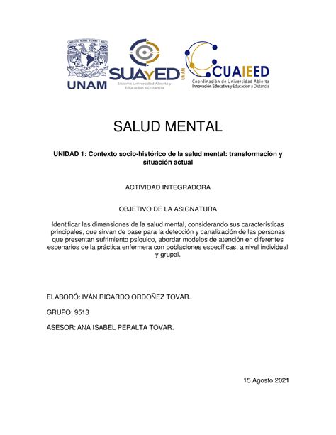 Uinidad 1 ACTIVIDAD INTEGRADORA 1 SALUD MENTAL UNIDAD 1 Contexto