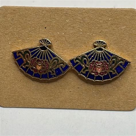 Jewelry Dainty Blue Floral Fan Cloisonn Cloisonne Enamel Stud