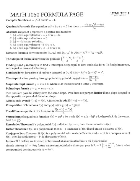 College Algebra Formula Sheet Math 1050 Studocu