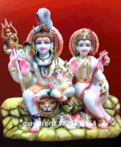 White Painted Marble Shiva Statue With Ganesh And Parvati For Worship