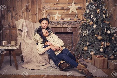 Beautiful Brunette Caucasian Romantic Loving Couple In Cozy Warm Stock