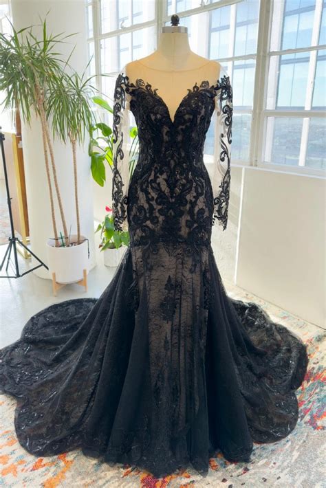 Black Lace Mermaid Wedding Dresses Scoop Long Sleeves Backless Etsy