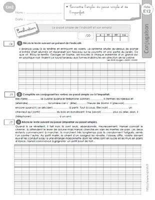 Cm Evaluation Conjugaison Corrig S Le Pass Simple Et Son Emploi