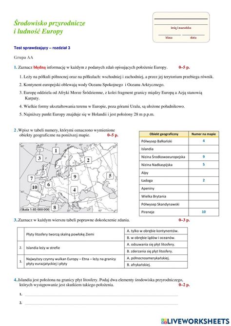 Ejercicio De Rodowisko Geograficzne I Ludno Europy Aa Workbook