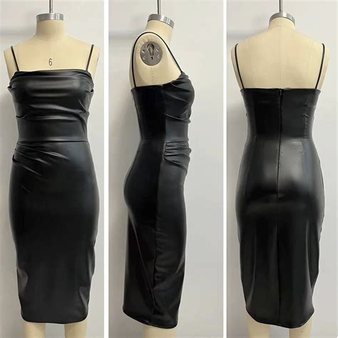 Sexy Ladies Black Pu Leather Club Wear Dress Midi Bodycon Party Dresses