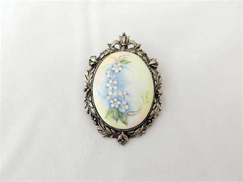 Vintage Brooch Forget Me Not Hand Painted Porcelain Brooch Forget Me