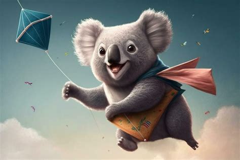 Koala Flying A Kite In The Wind And Clouds In Autumn Content 24065094