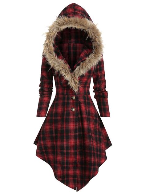 Plaid Print Lace Up Skirted Coat With Faux Fur Hood Coat Clothes For