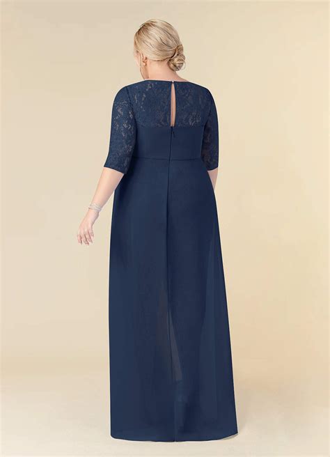 Azazie Leonine Dark Navy A Line Scoop Lace Chiffon Dress Azazie