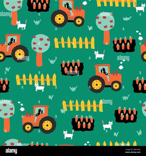 Cute Farm Pattern With Tractors Carrots Fence Apple Trees And Cats