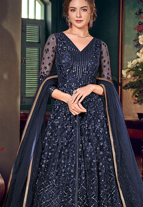 Navy Blue Net Embroidered Lehenga Style Anarkali Suit 4556a