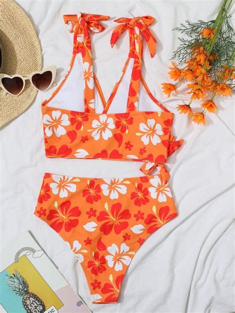 Floral Print Bikini Set Knot Shoulder Surplice Tank Bra High Waisted