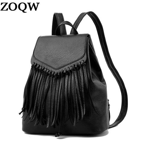 Zoqw Women Backpacks 2018 Tassel Black Pu Leather Backpack Female