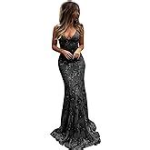 MACloth Women Prom Dresses Mermaid High Neck Sleeveless Lace Formal