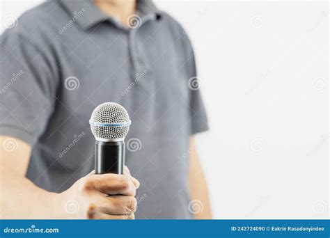 Close Up Hand Holding Microphone for Speaker Speech Presentation Stage ...