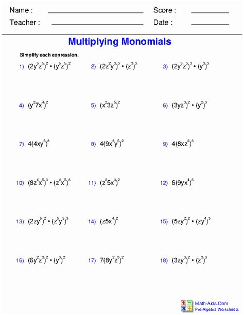 50 Multiplying And Dividing Monomials Worksheet