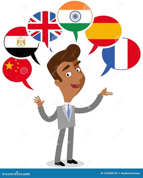 Asian Vector Cartoon Man, Six Speech Balloons with Flags, Speaking ...