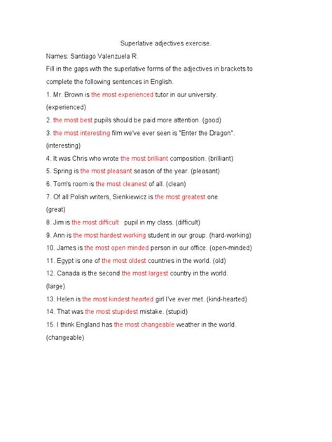 Superlative Adjectives Exercise | PDF