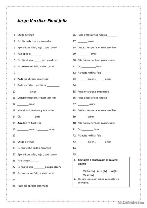 Jorge Vercillo Final Feliz English Esl Worksheets Pdf Doc