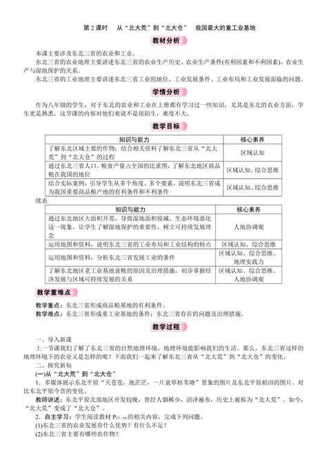 【核心素养】人教版地理八年级下册第六章第二节 “白山黑水”——东北三省第2课时 从“北大荒”到“北大仓” 我国最大的重工业基地 教案 21世纪教育网