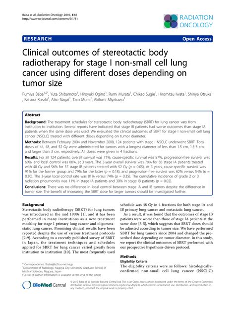 PDF Clinical Outcomes Of Stereotactic Body Radiotherapy For Stage I