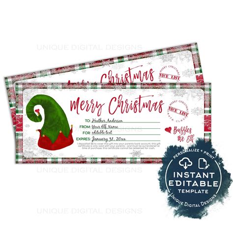 Editable Gift Certificate From Elf Christmas Printable Gift Voucher