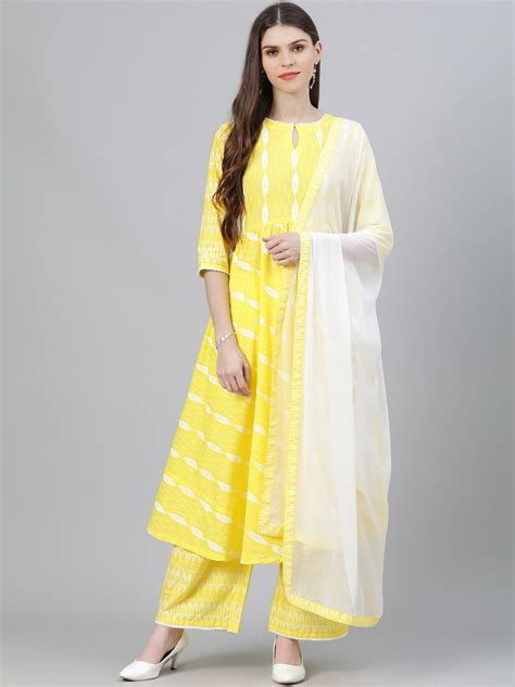 Buy Libas Women Yellow And White Striped Kurta With Palazzos And Dupatta Kurta Sets For Women