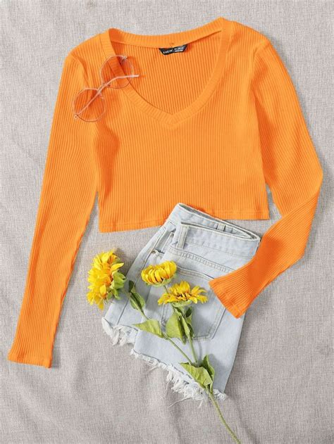 Shein Ezwear Neon Orange V Neck Rib Knit Crop Top Shein Eur