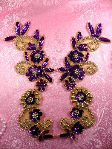 Sequin Beaded Applique Purple Gold Mirror Pair