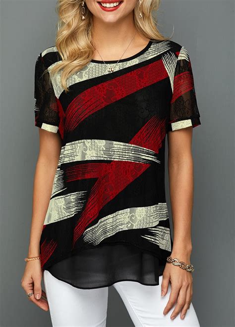 Printed Curved Hem Color Block Lace T Shirt Modlily USD 33 98