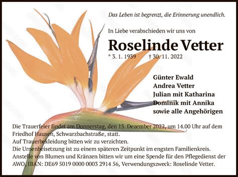 Traueranzeigen Von Roselinde Vetter Trauer Op Online De