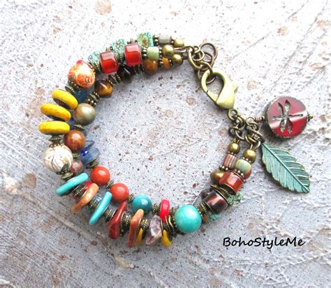 Scarlet Dragonfly Boho Style Me Mixed Gemstones Beaded Bracelet