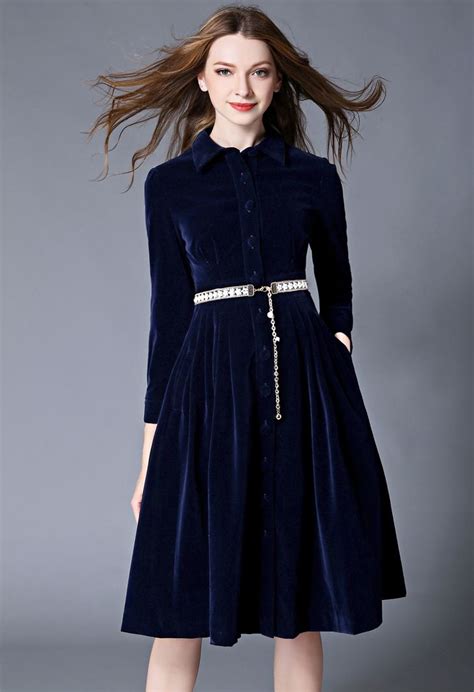 Women Velvet Dress 34 Sleeve Royal Blue Front Button A Line Warm Dress