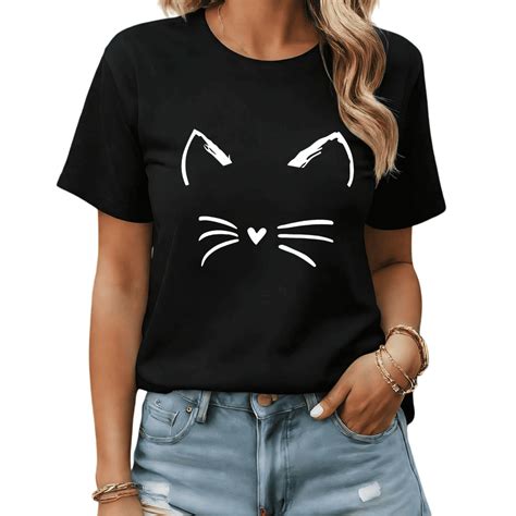 Cute Cat Face Whiskers Graphic Tees Womans Tshirt Shirts Black White S