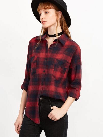 Red Plaid Single Breasted Blouse With Pockets Shein Sheinside