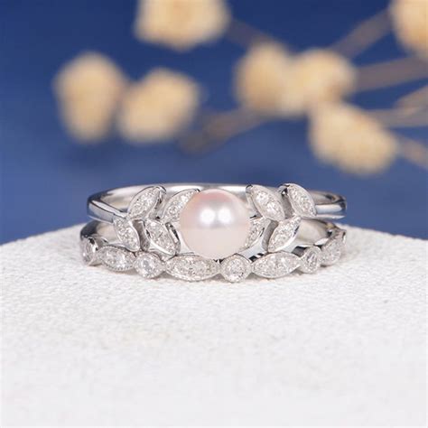 Pearl White Gold Diamond Leave Unique Vine Engagement Ring Set