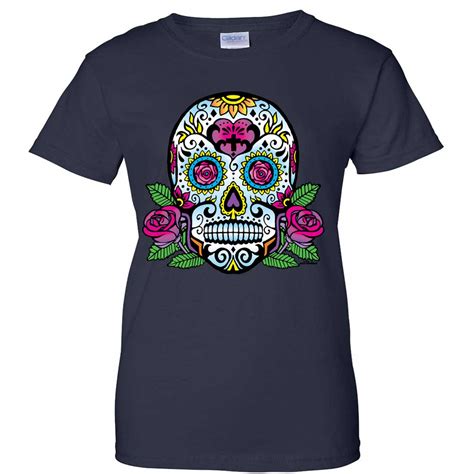 Dia De Los Muertos Sugar Skull Roses Ladies T Shirt Ebay