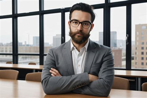 Premium Photo A Man In A Suit And Glasses Sitting At A Table With His