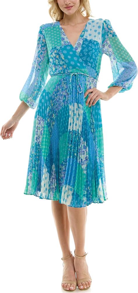 Maison Tara Women S 3 4 Sleeve Faux Wrap Pleated Chiffon Dress At