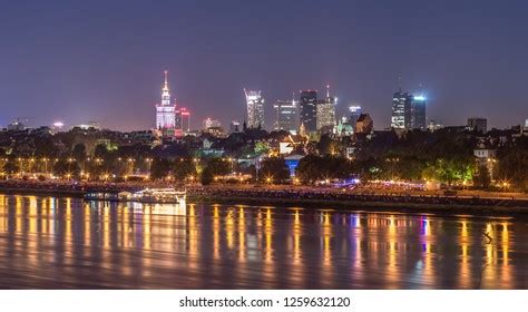 Night Panorama Warsaw Waterfront Downtown Skyline Stock Photo ...