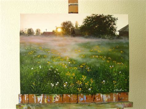 Foggy Sunrise Painting Original Foggy Meadow Landscape | Etsy