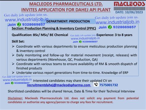 Macleods Pharmaceuticals Limited Dahej Api Plant Job Vacancy For