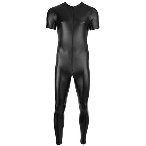 Pu Leather Men Bodysuit Zipper Open Crotch Faux Latex Male Erotic