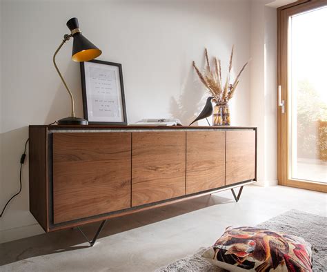 Sideboard Stonegrace 200 cm Akazie Braun Steinfurnier 4 Türen V Fuß