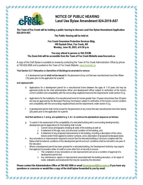 Public Hearing Land Use Bylaw Amendment 824 2019 A 07 Town Of Fox Creek